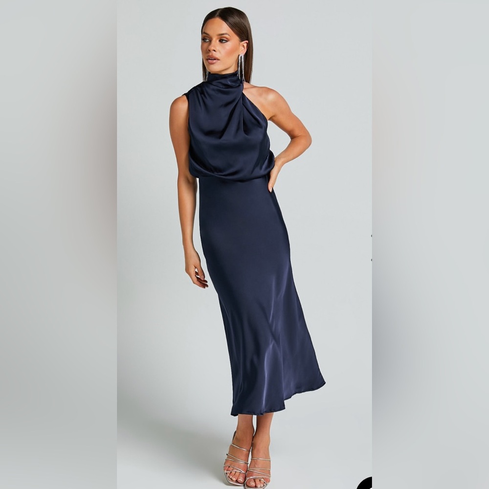 Showpo Minnie Midi Dress - Drape Neck Satin Slip Dress in Midnight Blue Size 4